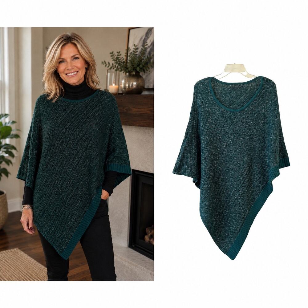 Chicos Metallic Knit Triangle Poncho Sweater Goddess Green Asymmetrical Medium